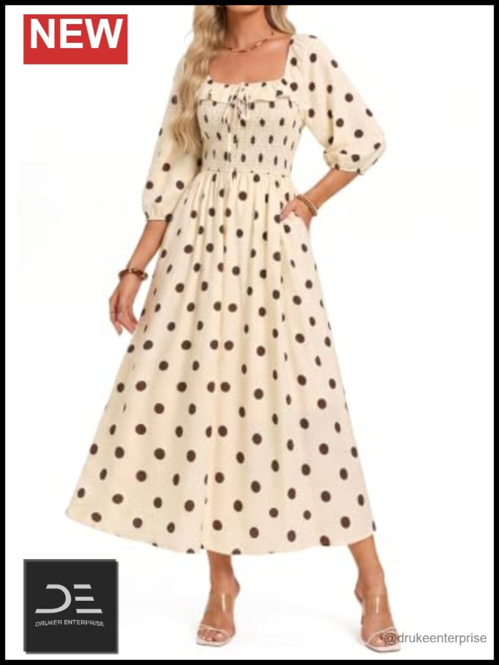 Womens Boho Maxi Dress with Pockets Square Neck Smocked 3/4 Sleeve